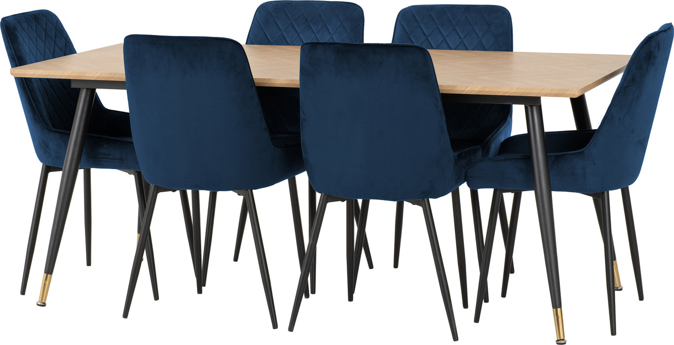 Hamilton Large Dining Set with Avery Chairs Medium Oak Effect/Black/Sapphire Blue Velvet