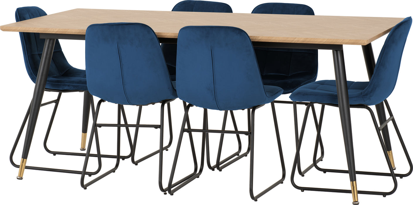 Hamilton Large Dining Set with Lukas Chairs Medium Oak Effect/Black/Sapphire Blue Velvet
