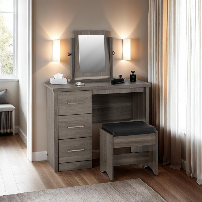 Lisbon 3 Piece Dressing Table Set with Mirror Black Wood Grain/Black Faux Leather