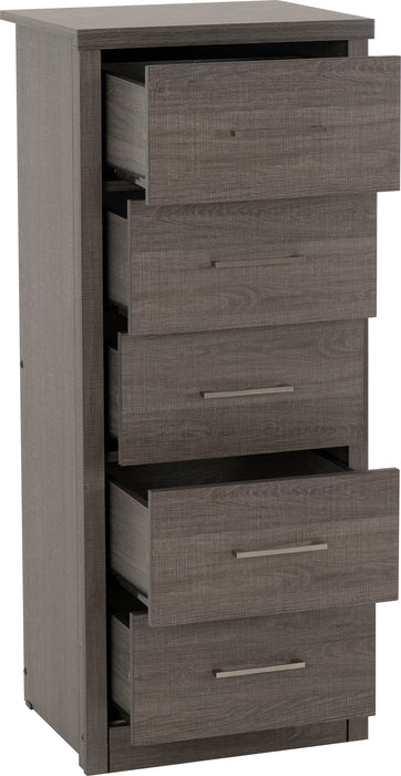 Lisbon 5 Drawer Narrow Chest Black Wood Grain