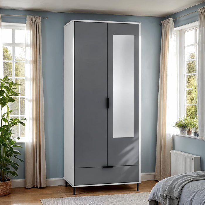Madrid 2 Door 1 Drawer Mirrored Wardrobe Grey/White Gloss