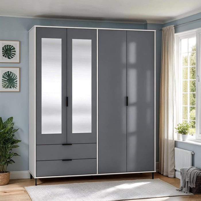 Madrid 4 Door 2 Drawer Mirrored Wardrobe Grey/White Gloss