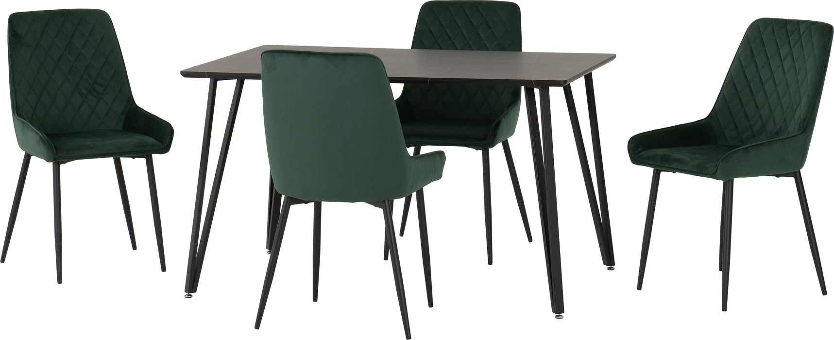 Marlow Dining Set with Avery Chairs Black Marble Effect/Black/Emerald Green Velvet