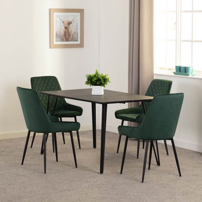 Marlow Dining Set with Avery Chairs Black Marble Effect/Black/Emerald Green Velvet