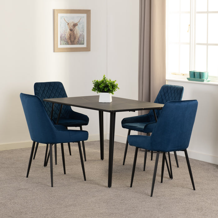 Marlow Dining Set with Avery Chairs Black Marble Effect/Black/Sapphire Blue Velvet