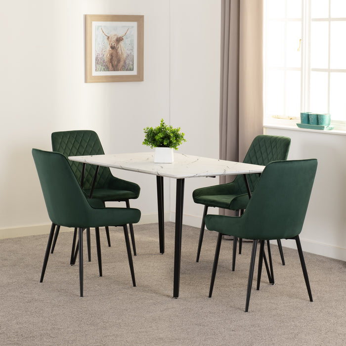 Marlow Dining Set with Avery Chairs White Marble Effect/Black/Emerald Green Velvet
