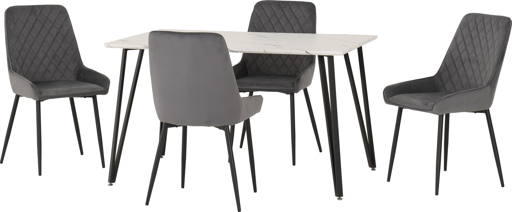 Marlow Dining Set with Avery Chairs White Marble Effect/Black/Grey Velvet