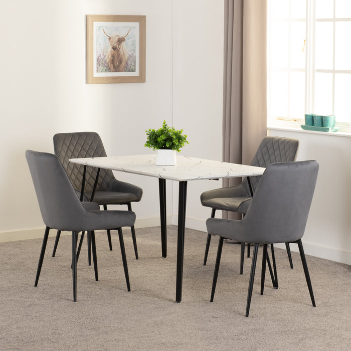 Marlow Dining Set with Avery Chairs White Marble Effect/Black/Grey Velvet