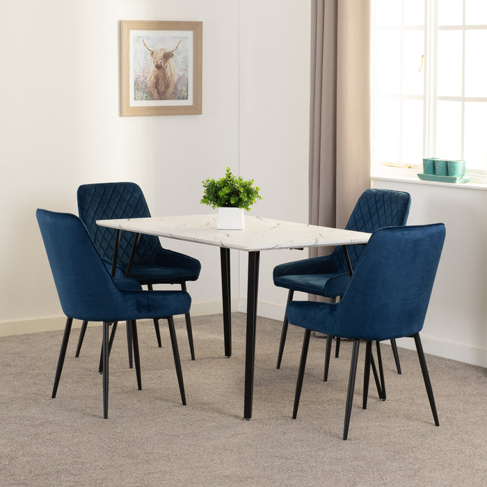 Marlow Dining Set with Avery Chairs White Marble Effect/Black/Sapphire Blue Velvet