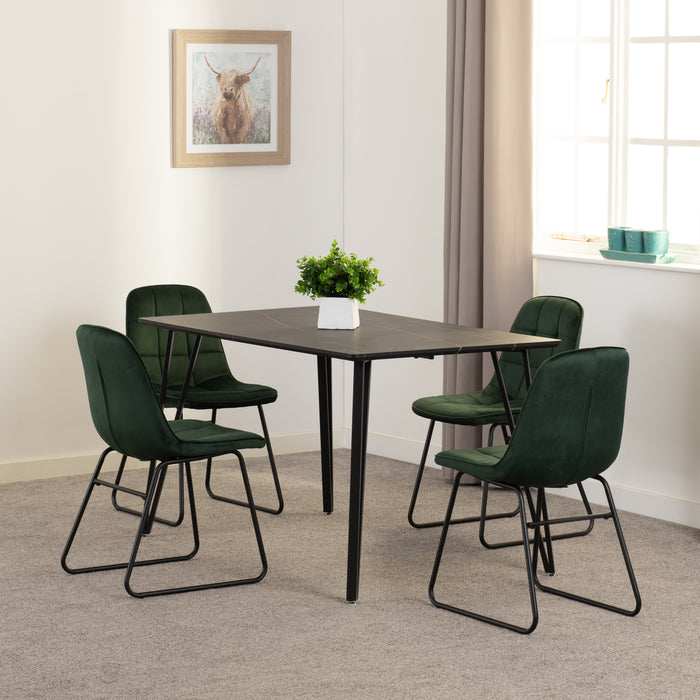 Marlow Dining Set with Lukas Chairs Black Marble Effect/Black/Emerald Green Velvet