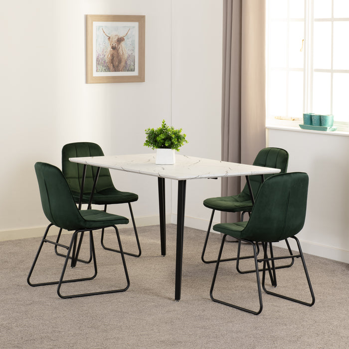 Marlow Dining Set with Lukas Chairs White Marble Effect/Black/Emerald Green Velvet