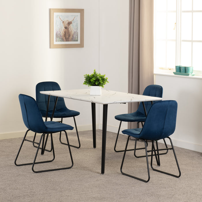 Marlow Dining Set with Lukas Chairs White Marble Effect/Black/Sapphire Blue Velvet