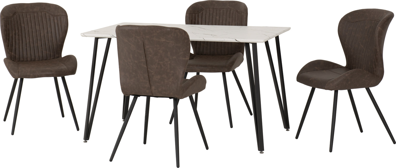 Marlow Dining Set with Quebec Chairs White Marble Effect/Black/Brown Faux Leather