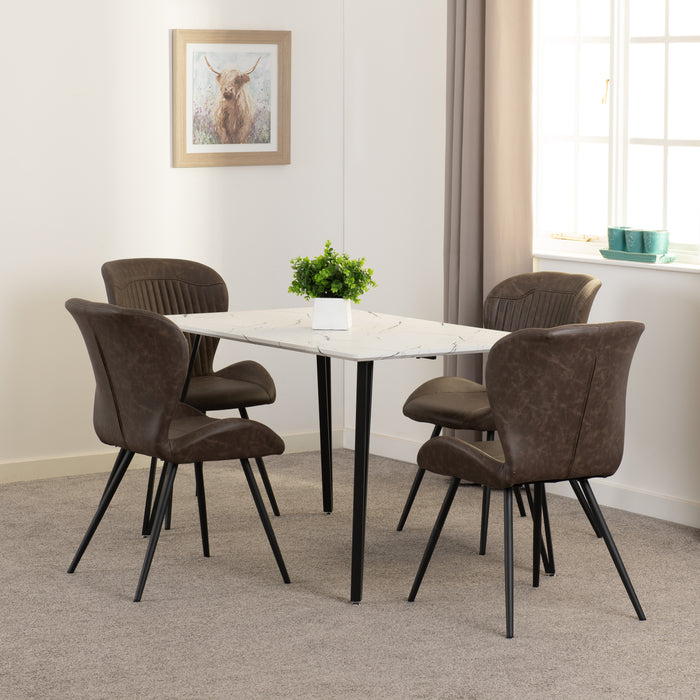 Marlow Dining Set with Quebec Chairs White Marble Effect/Black/Brown Faux Leather