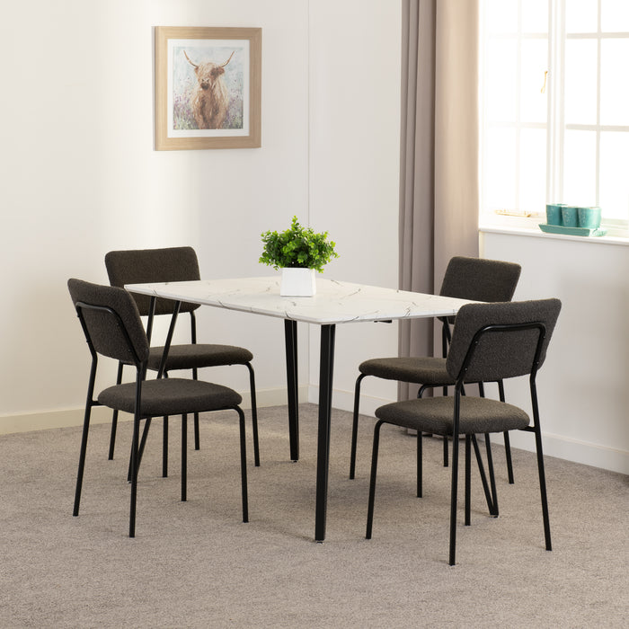 Marlow Dining Set with Sheldon Chairs White Marble Effect/Black/Grey Boucle Fabric