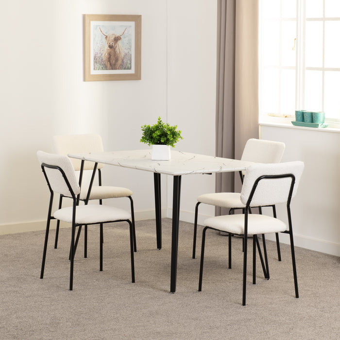 Marlow Dining Set with Sheldon Chairs White Marble Effect/Black/Ivory Boucle Fabric