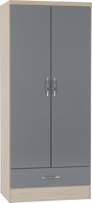 Nevada 2 Door 1 Drawer Wardrobe Bedroom Set Grey Gloss/Light Oak Effect Veneer