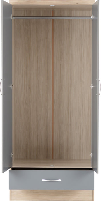 Nevada 2 Door 1 Drawer Wardrobe Bedroom Set Grey Gloss/Light Oak Effect Veneer