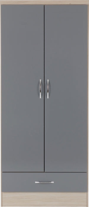 Nevada 2 Door 1 Drawer Wardrobe Grey Gloss/Light Oak Effect Veneer