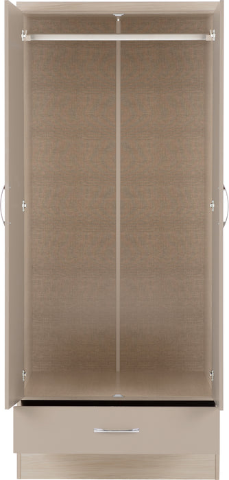 Nevada 2 Door 1 Drawer Wardrobe Oyster Gloss/Light Oak Effect Veneer
