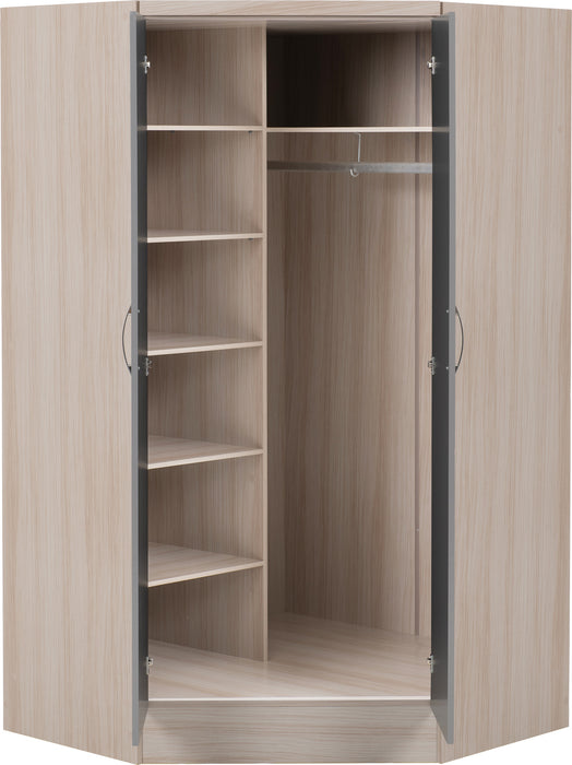 Nevada 2 Door Corner Wardrobe Grey Gloss/Light Oak Effect Veneer