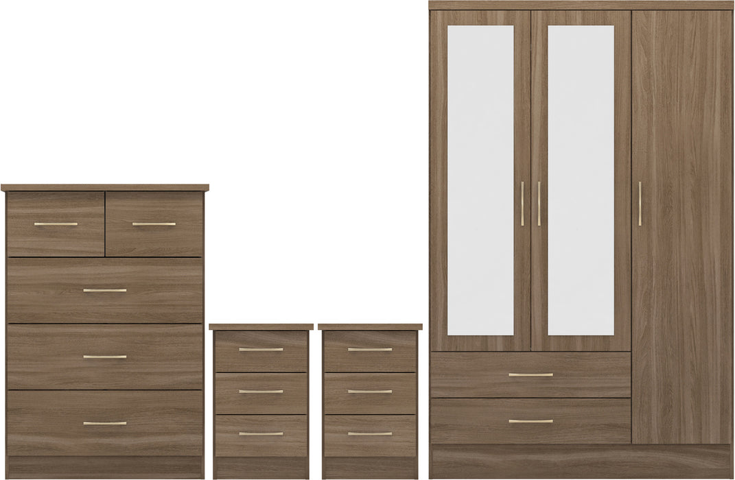 Nevada 3 Door 2 Drawer Mirrored Wardrobe Bedroom Set Rustic Oak Effect