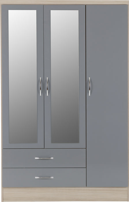 Nevada 3 Door 2 Drawer Mirrored Wardrobe Grey Gloss/Light Oak Effect Veneer