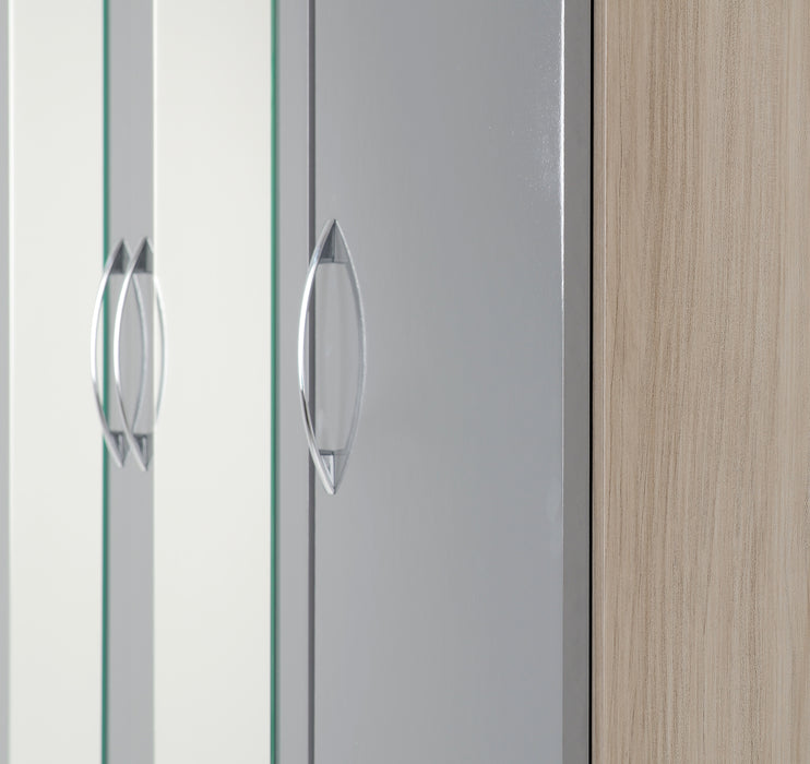 Nevada 3 Door 2 Drawer Mirrored Wardrobe Grey Gloss/Light Oak Effect Veneer