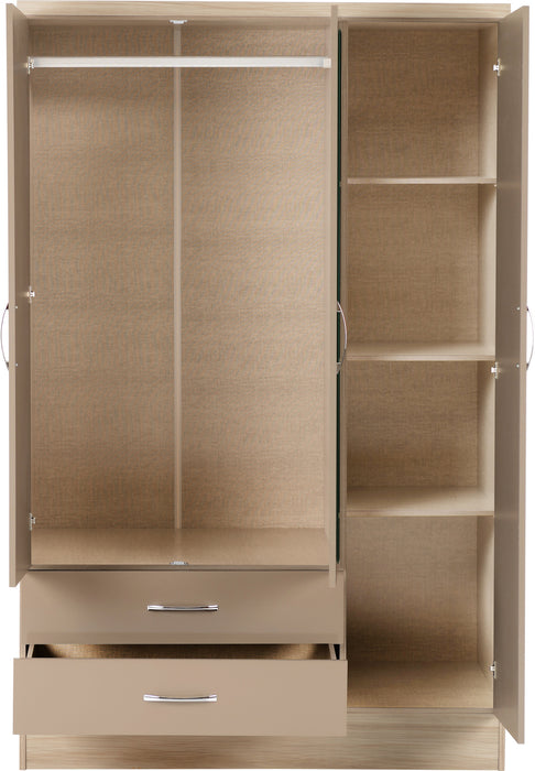 Nevada 3 Door 2 Drawer Mirrored Wardrobe Oyster Gloss/Light Oak Effect Veneer