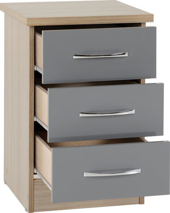 Nevada 3 Drawer Bedside Chest Grey Gloss/Light Oak Effect Veneer