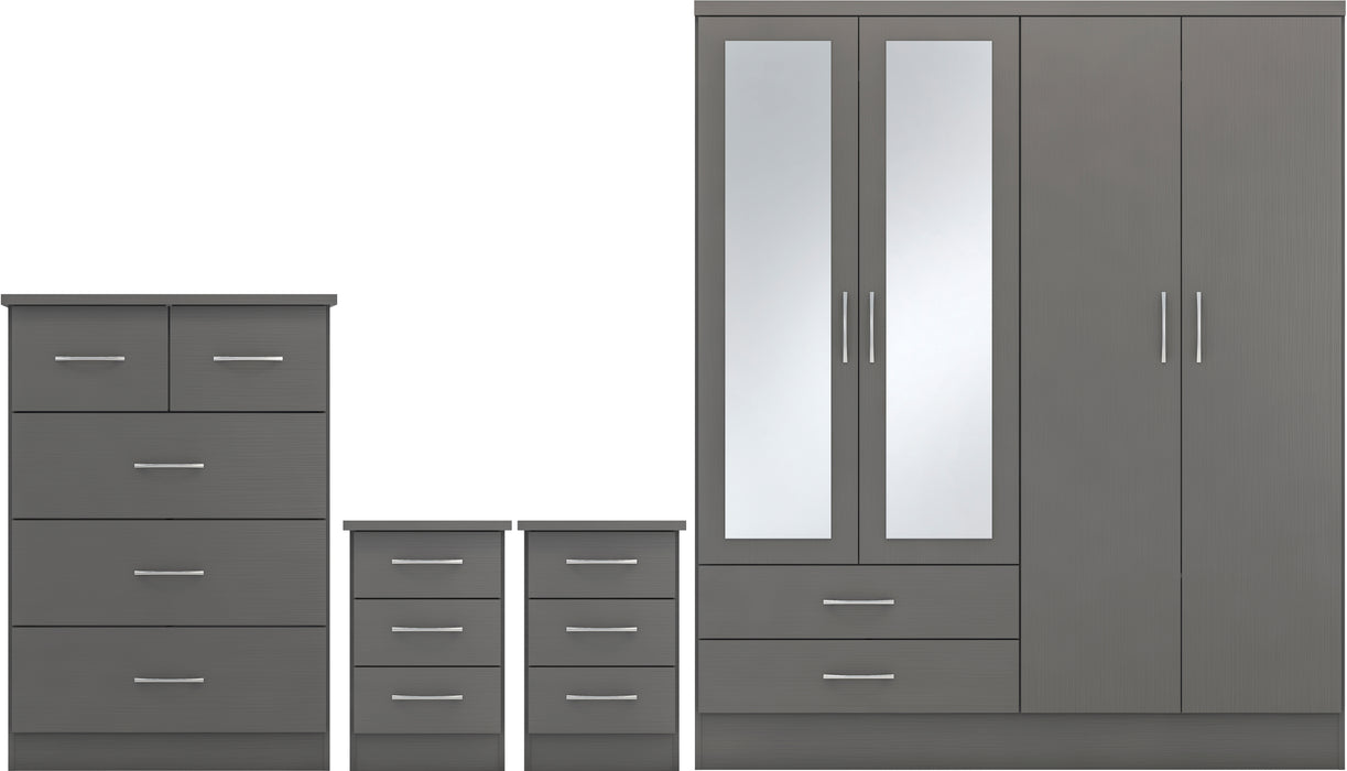 Nevada 4 Door 2 Drawer Mirrored Wardrobe Bedroom Set 3D Effect Grey