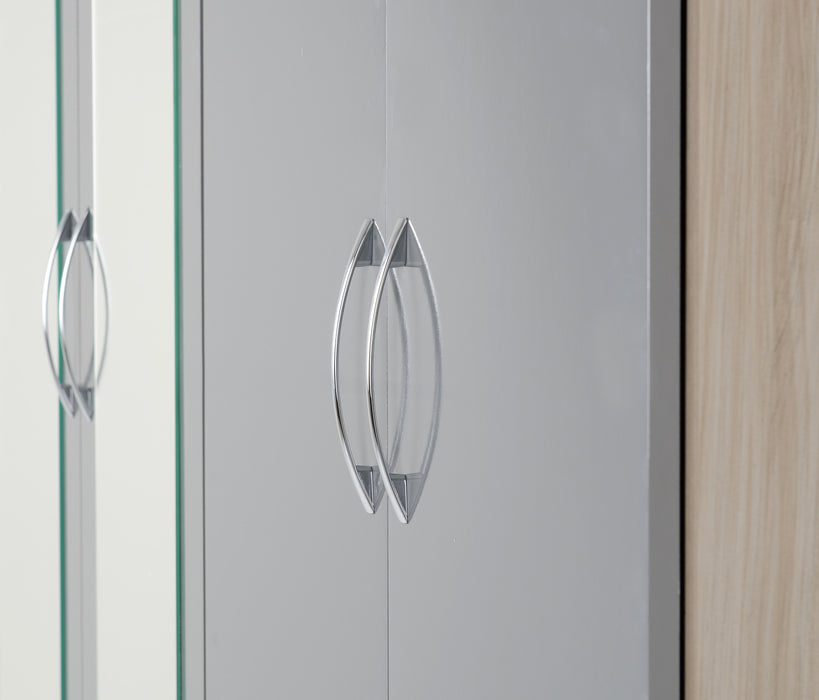 Nevada 4 Door 2 Drawer Mirrored Wardrobe Grey Gloss/Light Oak Effect Veneer