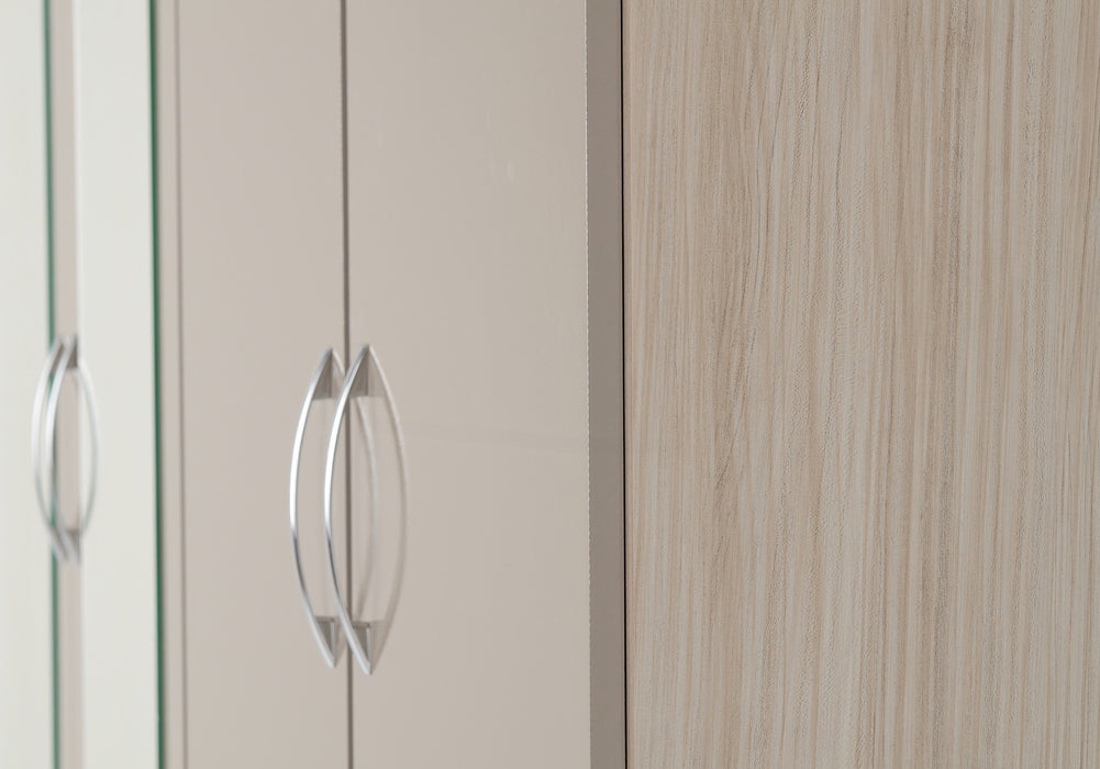 Nevada 4 Door 2 Drawer Mirrored Wardrobe Oyster Gloss/Light Oak Effect Veneer