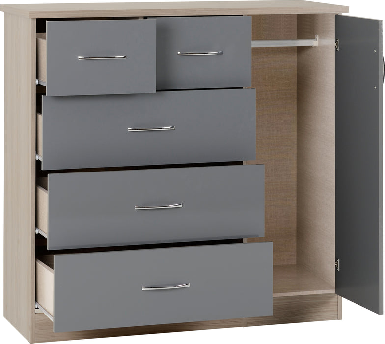 Nevada 5 Drawer Low Wardrobe Grey Gloss/Light Oak Effect Veneer