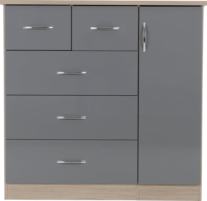 Nevada 5 Drawer Low Wardrobe Grey Gloss/Light Oak Effect Veneer