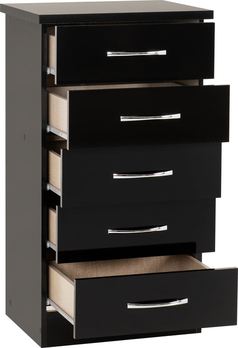 Nevada 5 Drawer Narrow Chest Black Gloss