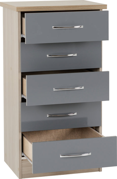 Nevada 5 Drawer Narrow Chest Grey Gloss/Light Oak Effect Veneer