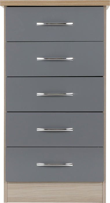 Nevada 5 Drawer Narrow Chest Grey Gloss/Light Oak Effect Veneer