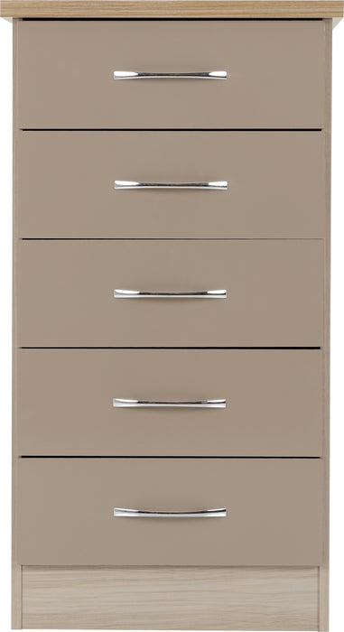 Nevada 5 Drawer Narrow Chest Oyster Gloss/Light Oak Effect Veneer