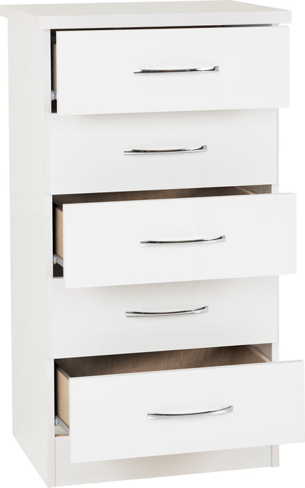 Nevada 5 Drawer Narrow Chest White Gloss