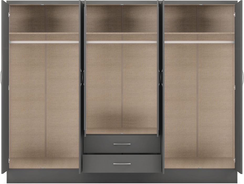 Nevada 6 Door 2 Drawer Mirrored Wardrobe 3D Effect Grey