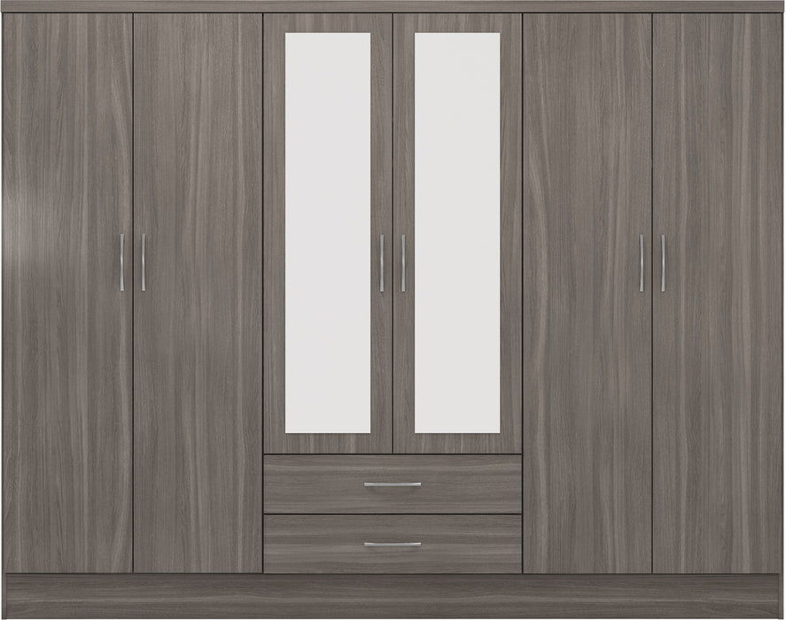 Nevada 6 Door 2 Drawer Mirrored Wardrobe Black Wood Grain