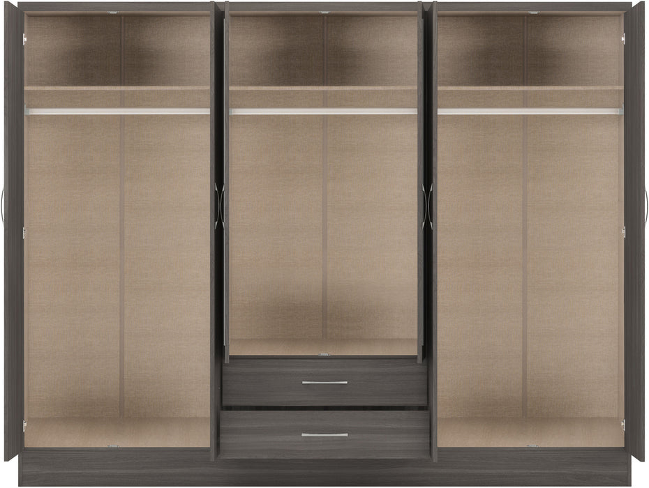 Nevada 6 Door 2 Drawer Mirrored Wardrobe Black Wood Grain