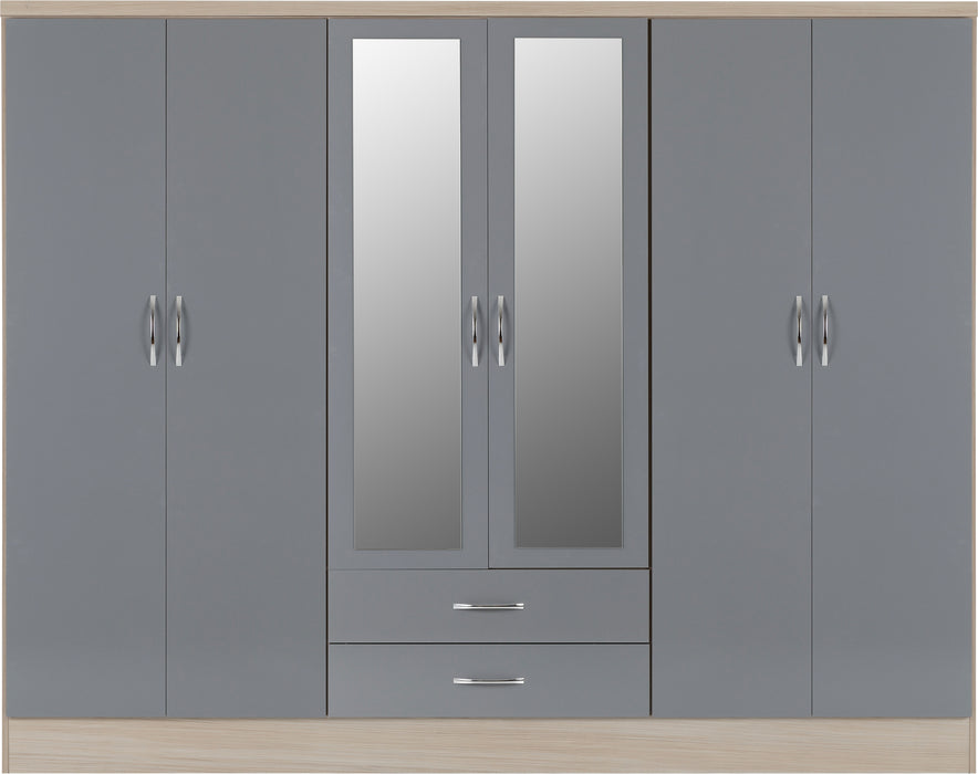 Nevada 6 Door 2 Drawer Mirrored Wardrobe Grey Gloss/Light Oak Effect Veneer