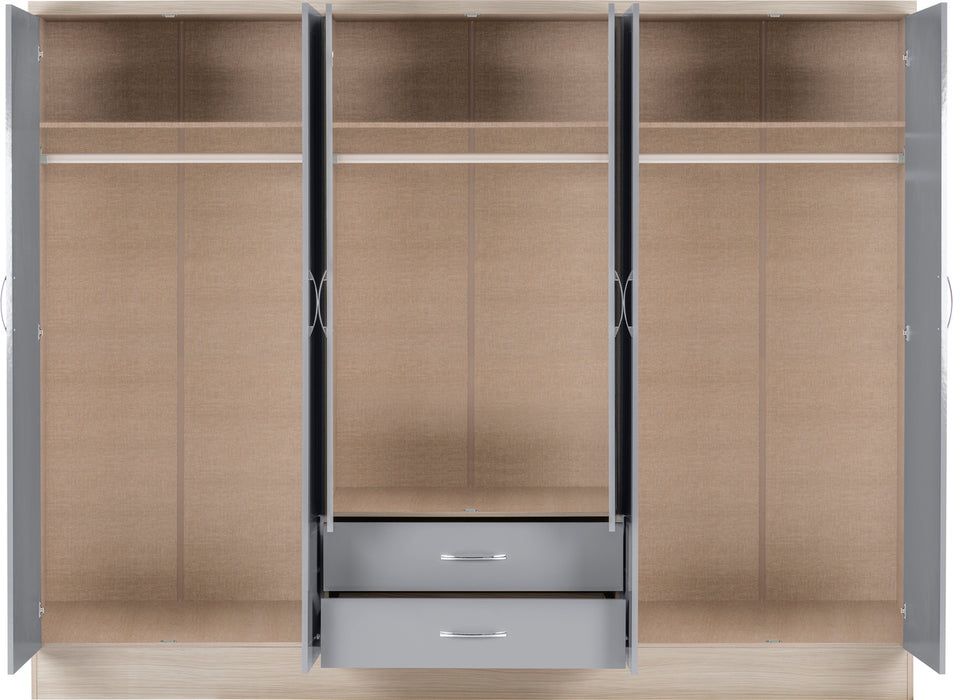 Nevada 6 Door 2 Drawer Mirrored Wardrobe Grey Gloss/Light Oak Effect Veneer