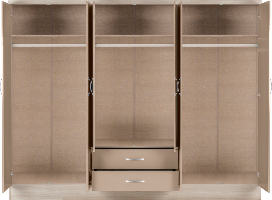 Nevada 6 Door 2 Drawer Mirrored Wardrobe Oyster Gloss/Light Oak Effect Veneer