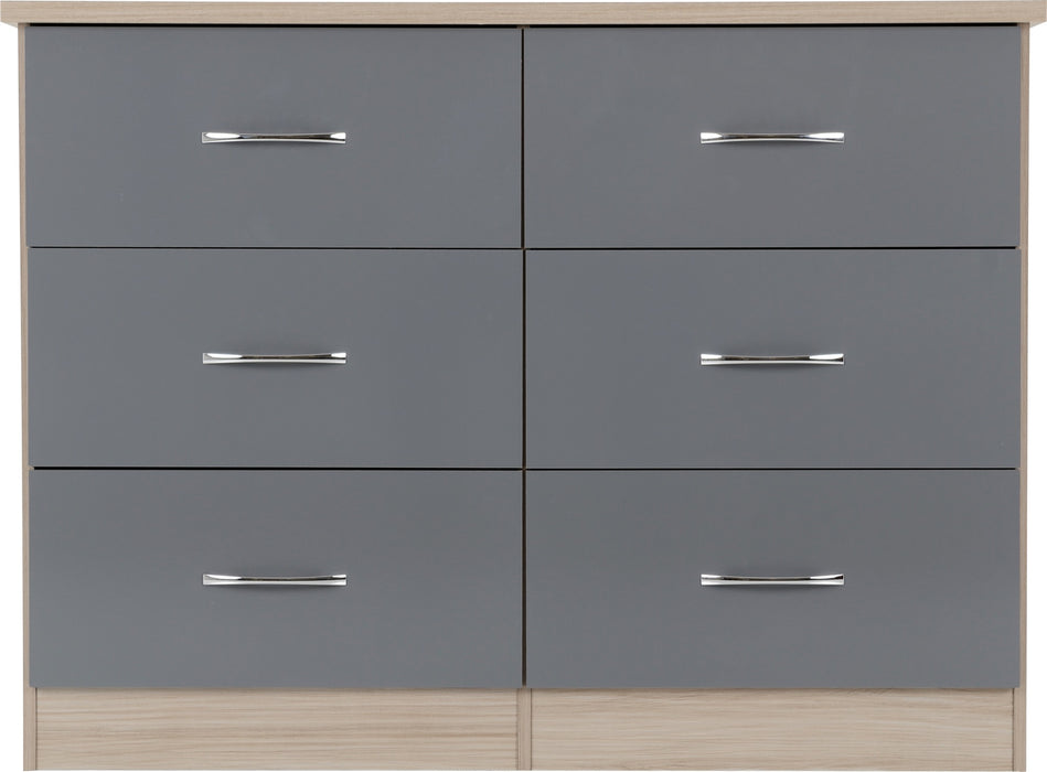 Nevada 6 Drawer Chest Grey Gloss/Light Oak Effect Veneer