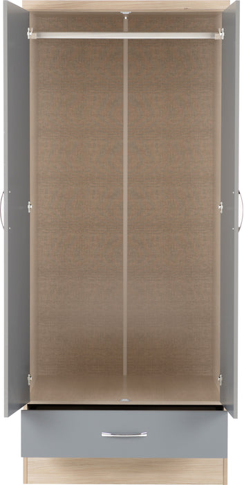 Nevada Mirrored 2 Door 1 Drawer Wardrobe Grey Gloss/Light Oak Effect Veneer