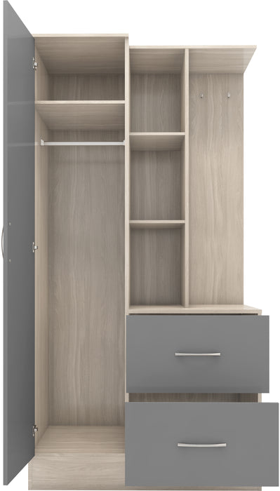 Nevada Mirrored Open Shelf Wardrobe Grey Gloss/Light Oak Effect Veneer