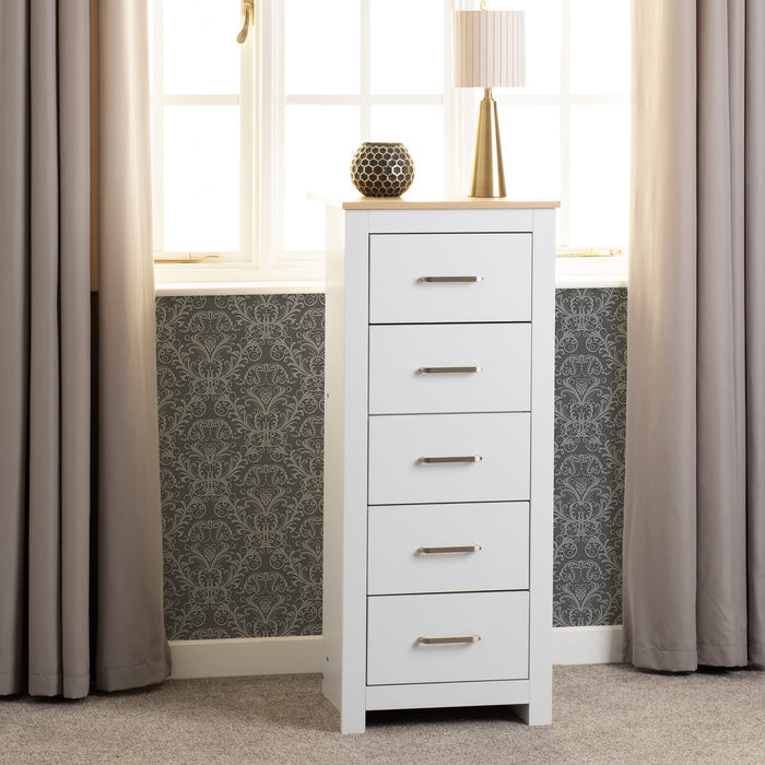 Portland 5 Drawer Narrow Chest White/Oak Effect